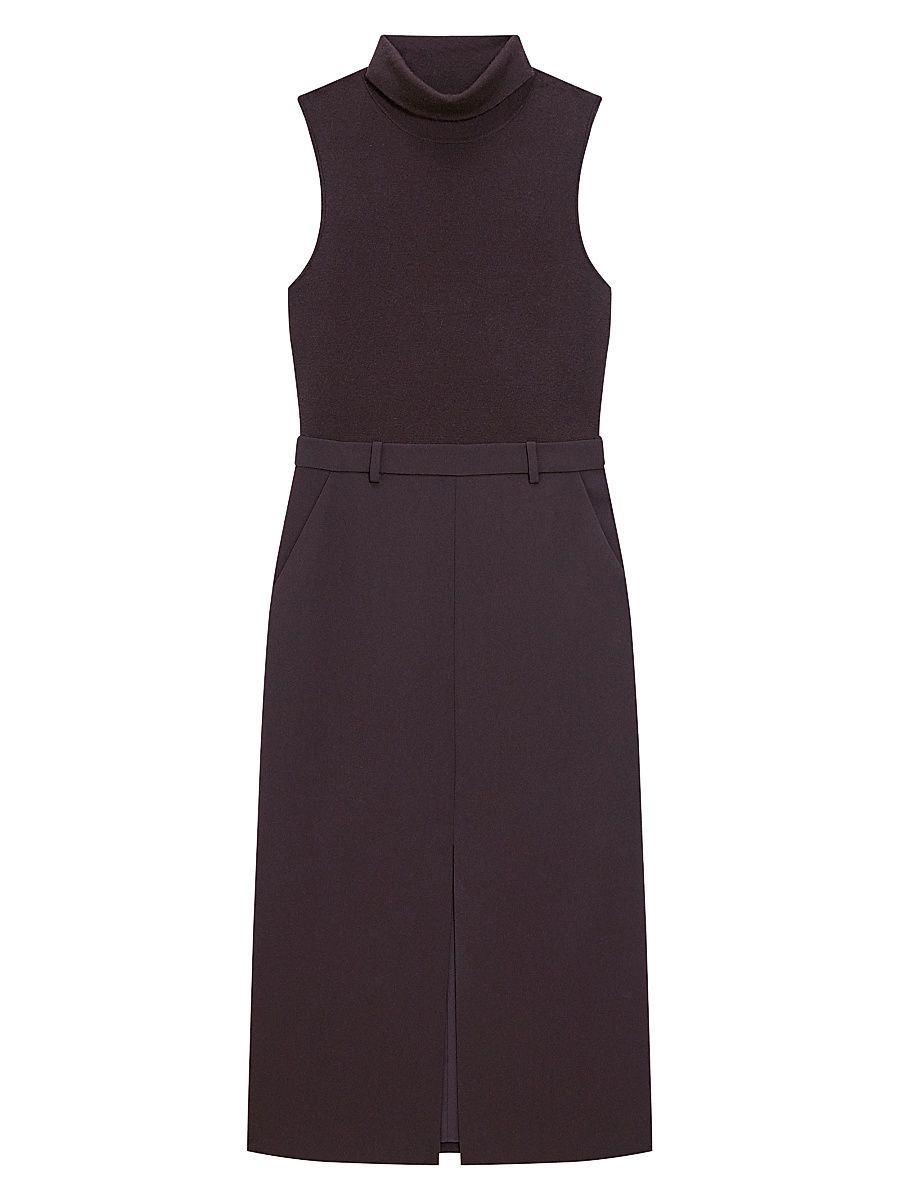 Women's Funnel-Neck Crepe Belted Dress - Dark Cacao - Size 2