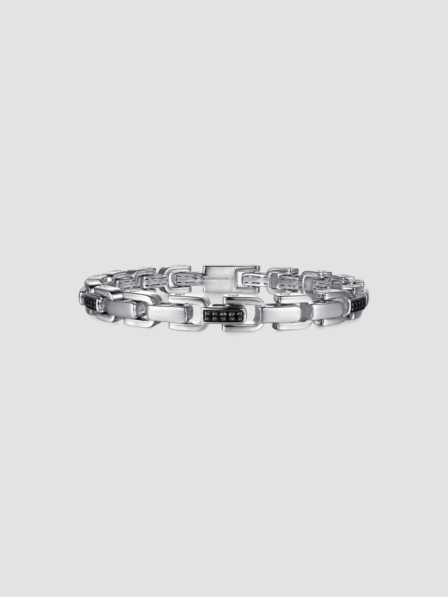 Gabriel & Co Men's Contemporary Sterling Silver & Black Spinel Cylindrical Link Chain Bracelet - Silver - Size 7.5