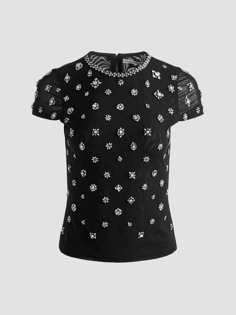 ALICE + OLIVIA Women's Tess Crystal-Embellished T-Shirt - Black Clear Crystal - Size XL