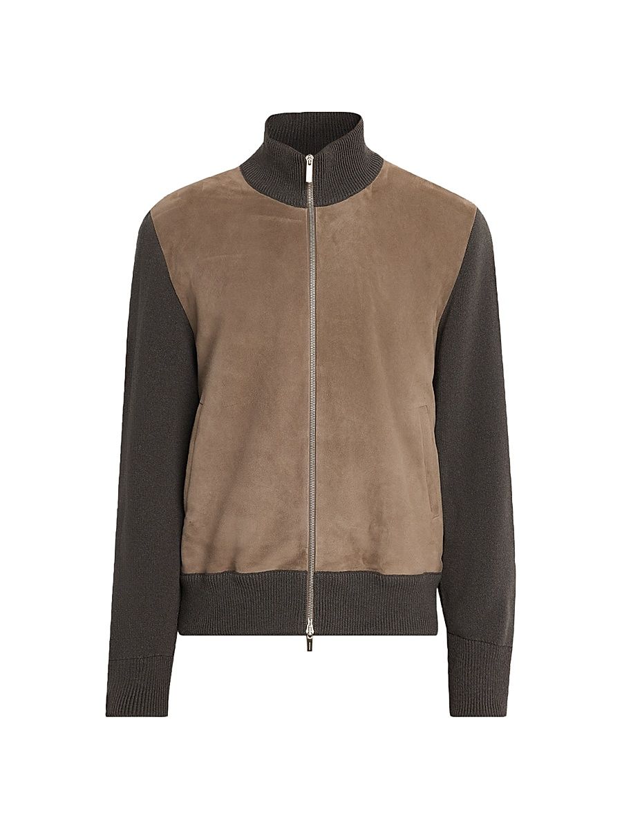 Men's Suede & Wool Zip-Front Jacket - Beige - Size XXL