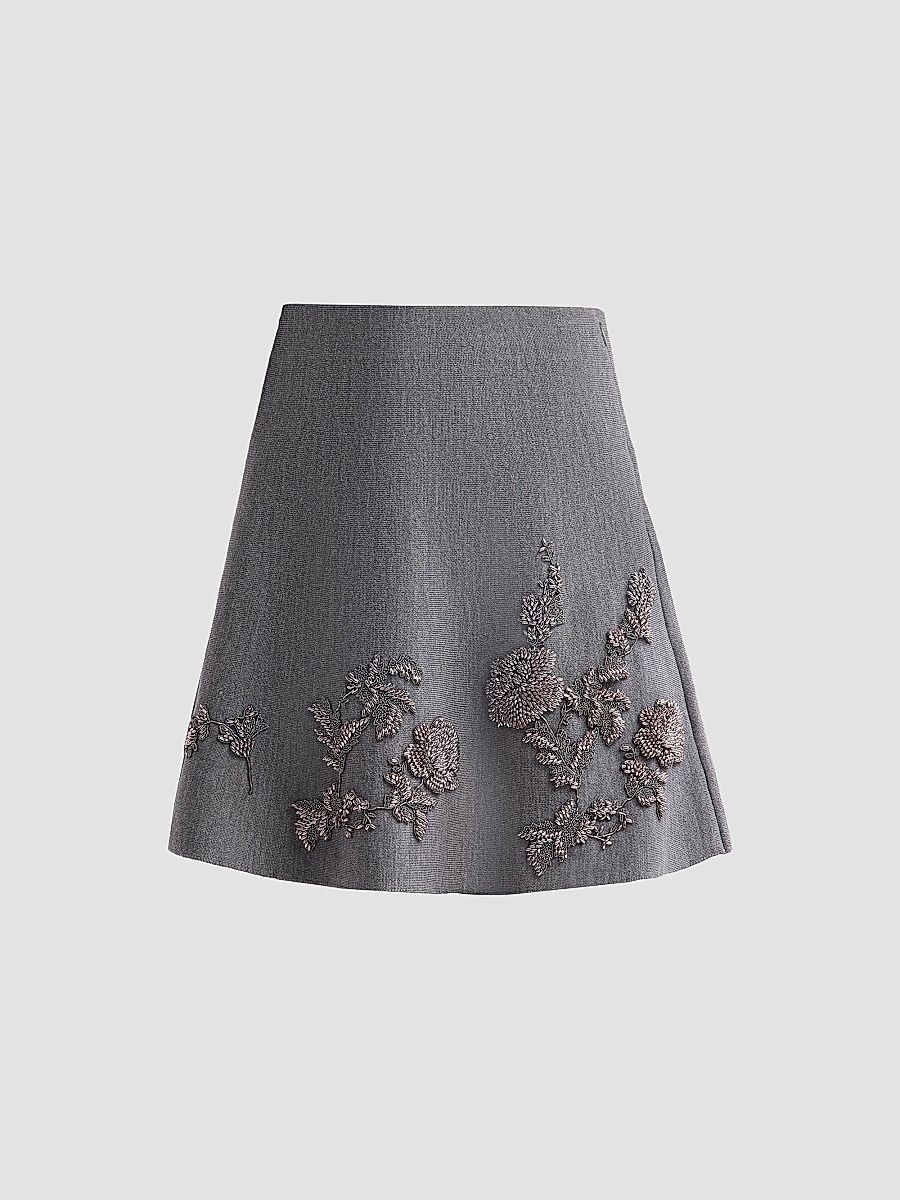 Oscar de la Renta Women's Beaded Wool Mini Skirt - Melange Grey - Size XL