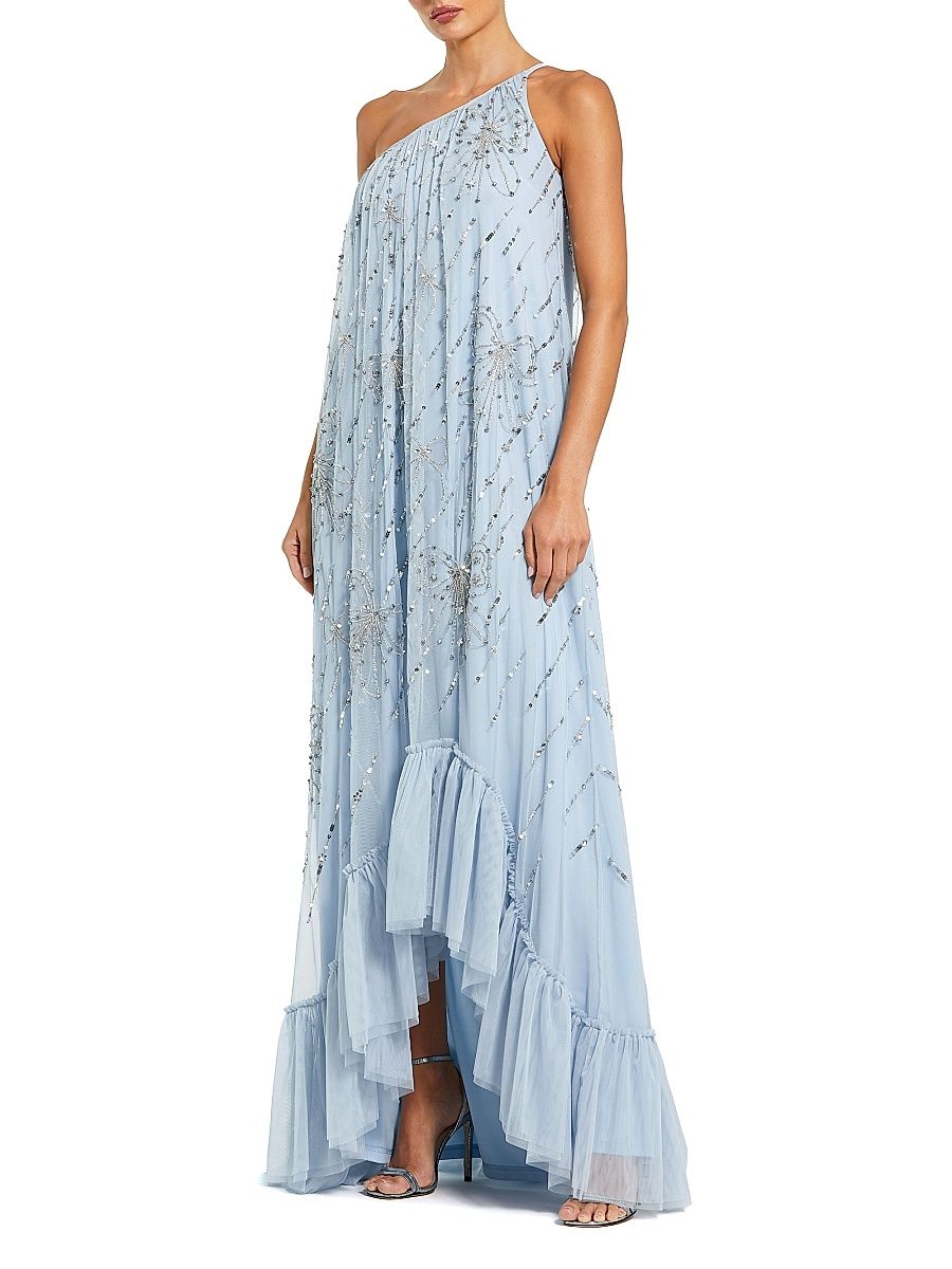 Women's Embellished One-Shoulder High-Low Gown - Powder Blue - Size 16