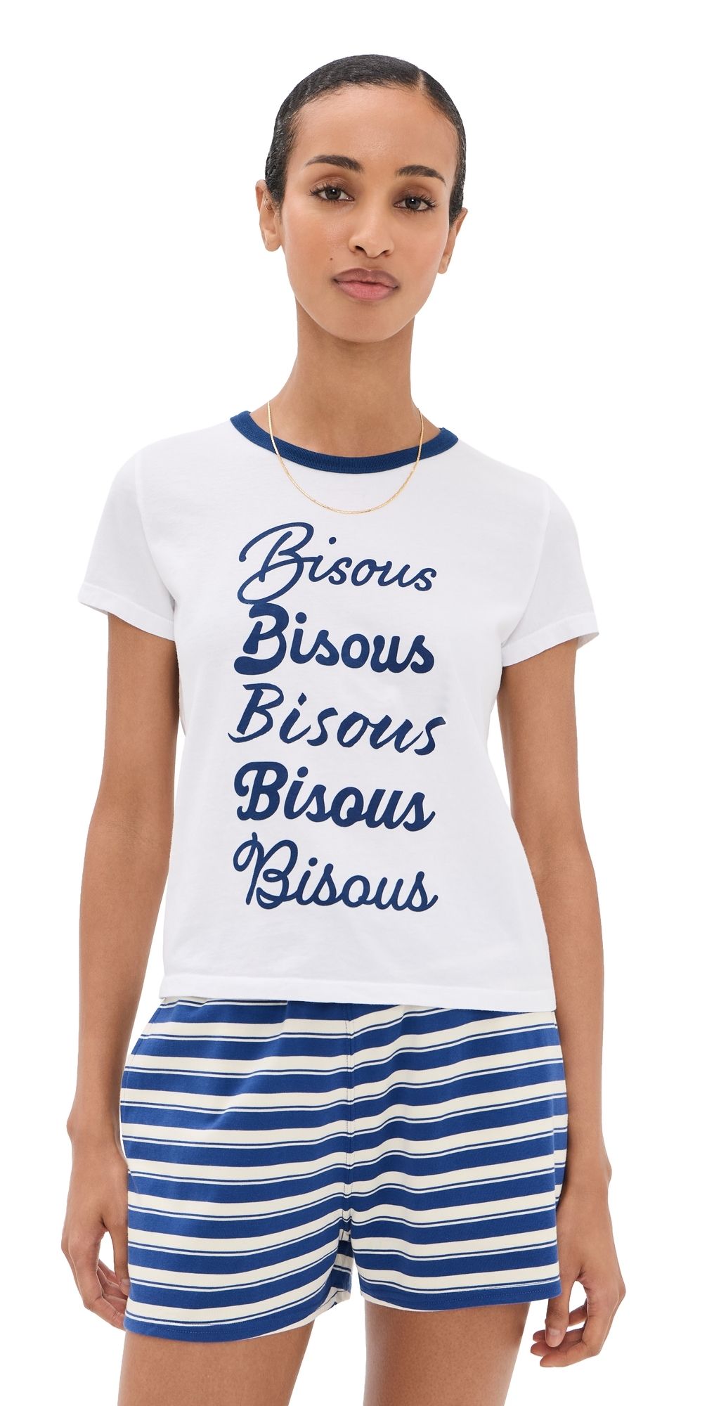 Sunny Somewhere Bisous Ringer Tee Navy Ringer L