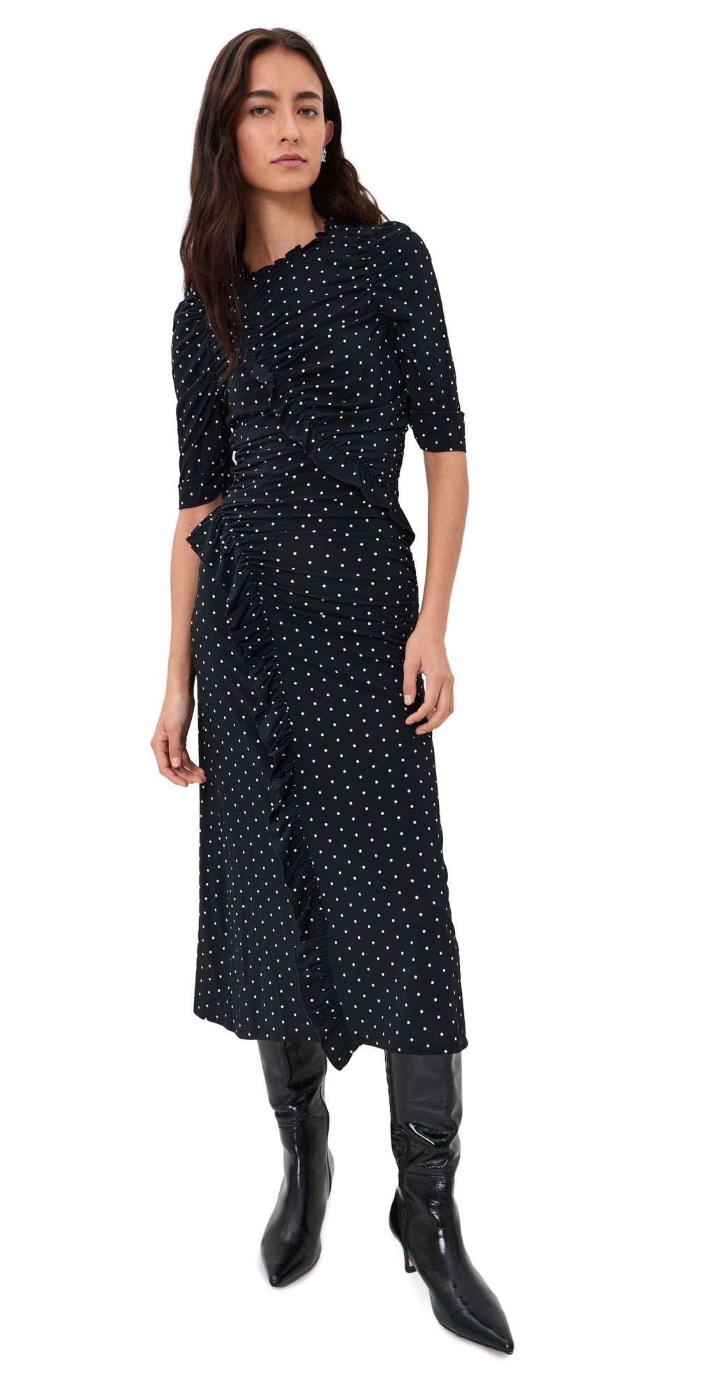 Sea Jeanne Polka Dot Print Ruched Midi Dress Black L