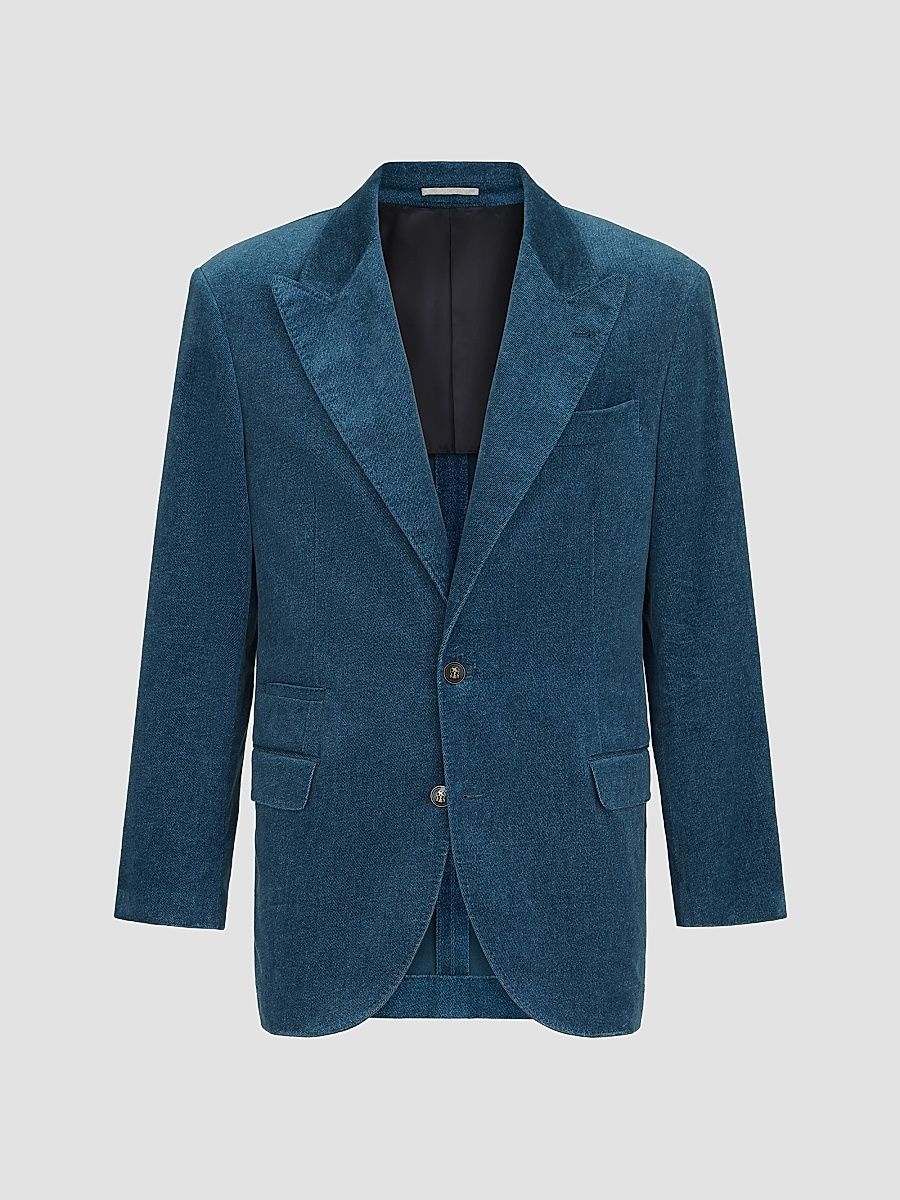 Men's Denim-Effect Cotton Velvet Tailor Blazer with Peak Lapels - Denim - Size 48