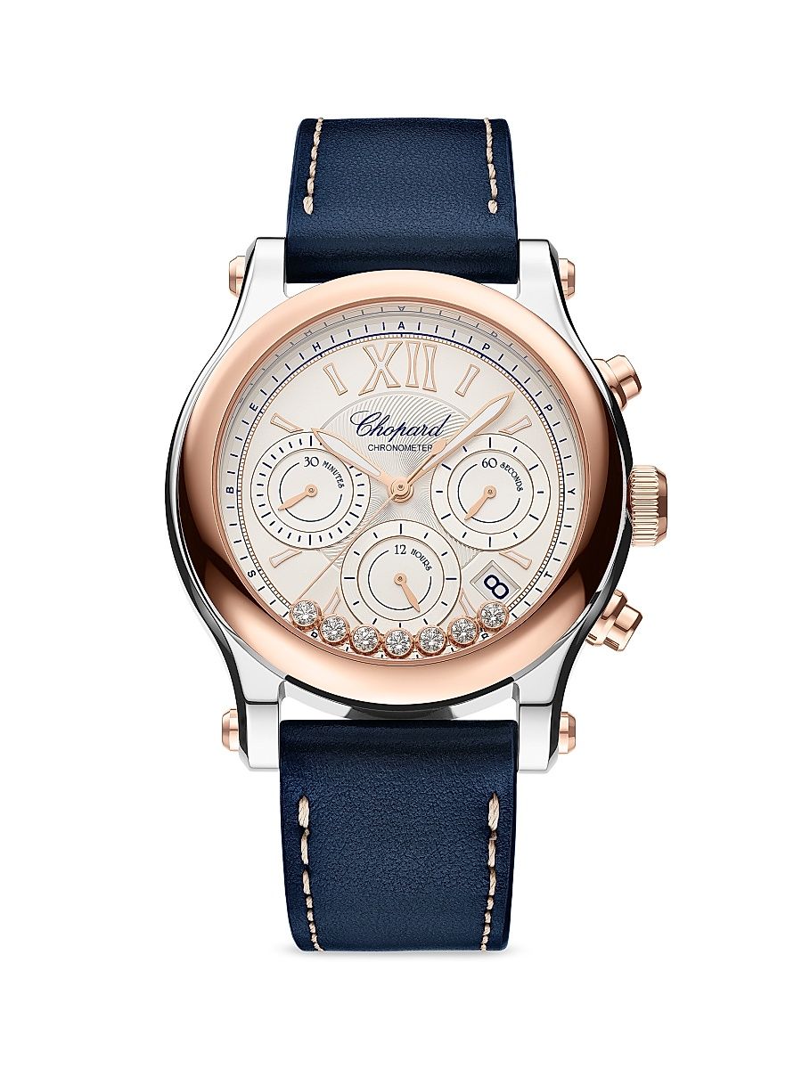 Women's Happy Sport Stainless Steel, 18K Rose Gold, Diamond, & Leather Chronograph Watch - Blue