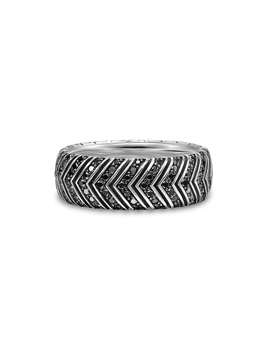 Men's Chevron Band Ring in Sterling Silver - Black Diamond - Size 10