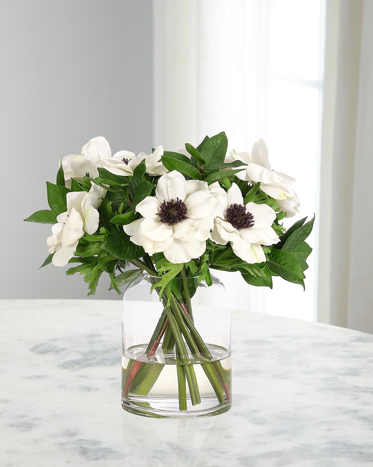 White Anemones 12" Faux Floral Arrangement in Glass Cylinder