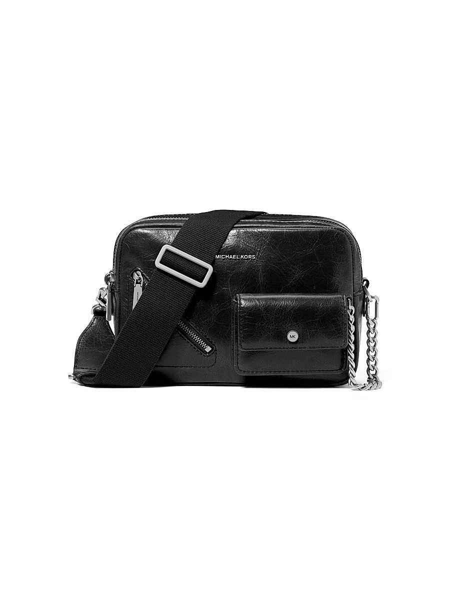 Women's Double-Zip Leather Medium Camera Crossbody Bag - Black