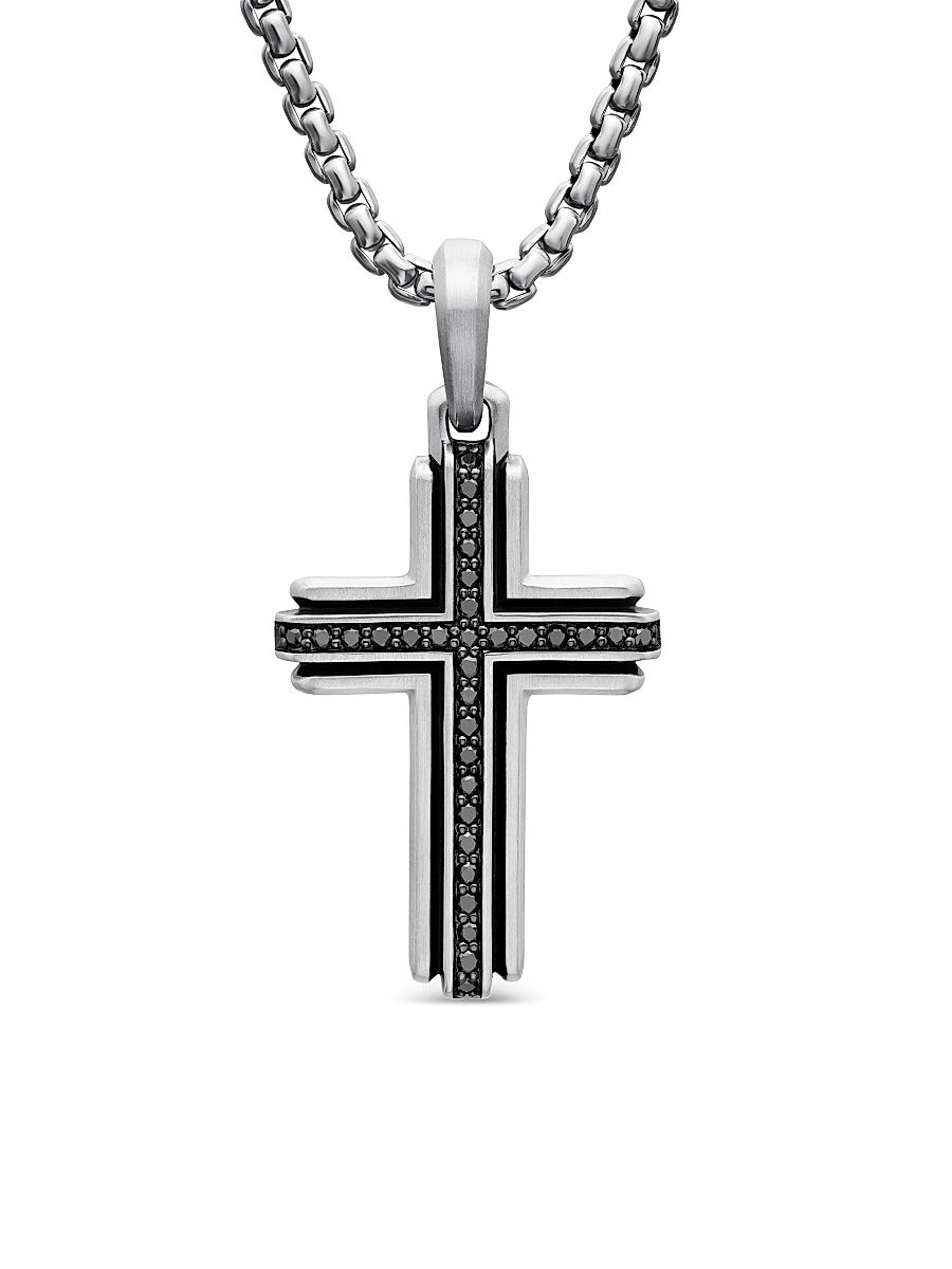 Men's Cross Pendant in Sterling Silver - Black Diamond