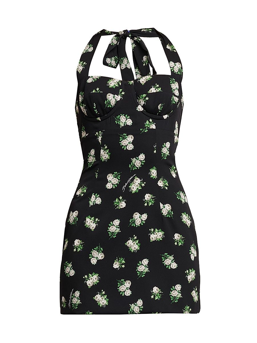 Women's Floral Silk Halter Minidress - Rosell Bco F Nero - Size 14