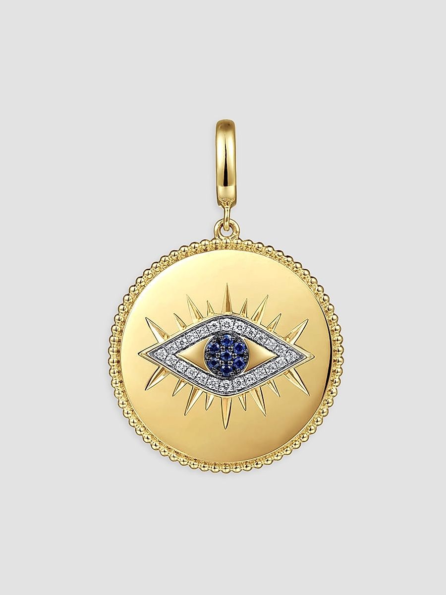 Gabriel & Co Women's Bujukan Evil Eye Medallion 14K Yellow Gold, Blue Sapphire & 0.13 TCW Diamond Pendant - Yellow Gold