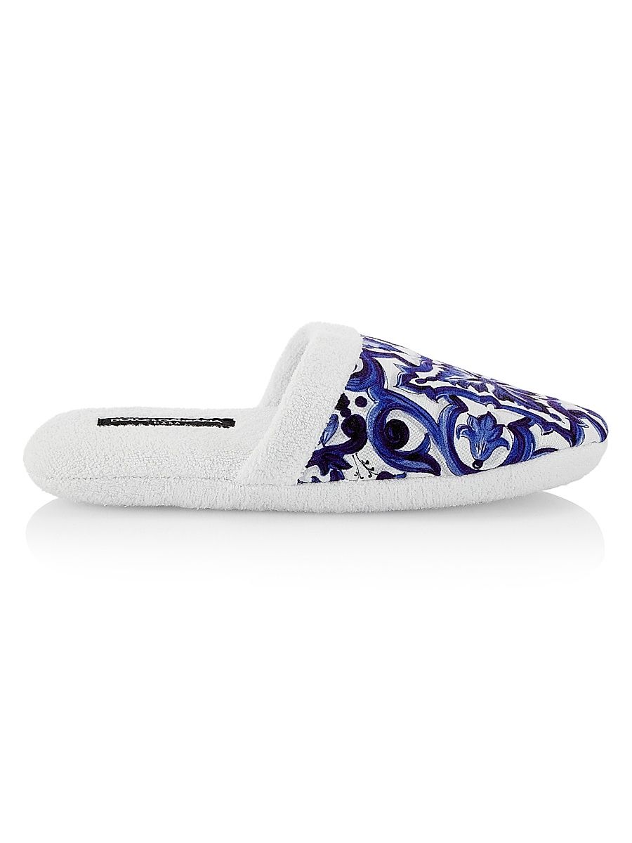 Women's Tile-Print Terry Slippers - Medium Blue - Size 7