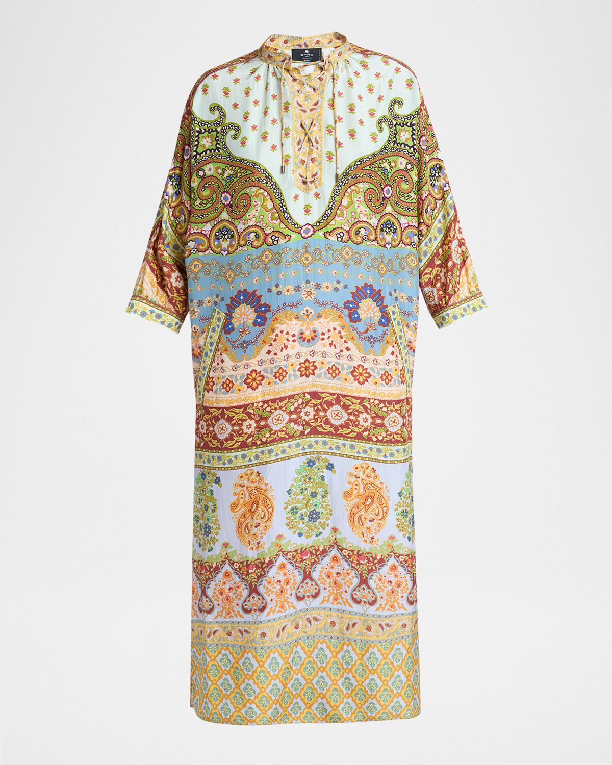 Paisley-Print Silk Lace-Up Midi Dress