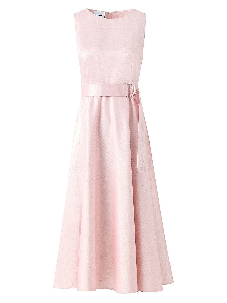 Women's Metallic Cotton-Linen Belted Midi-Dress - Rose - Size 12