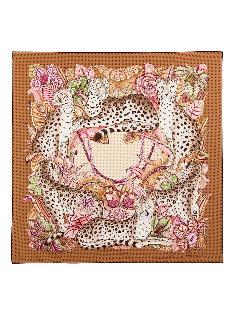 Women's Leopard- & Floral-Print Silk Scarf - Beige Camel