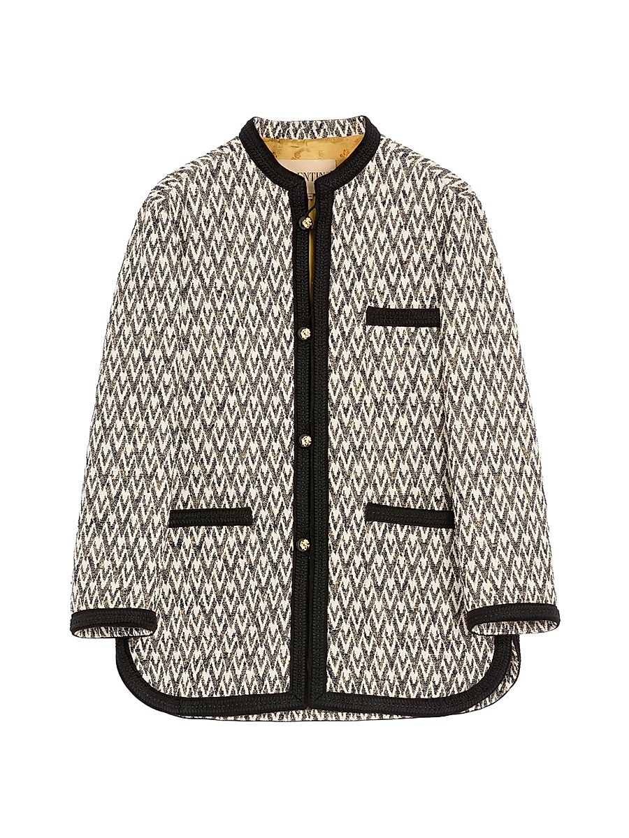Men's Bouclé Wool Jacket with Toute La V Jacquard Pattern - Navy Beige - Size 34