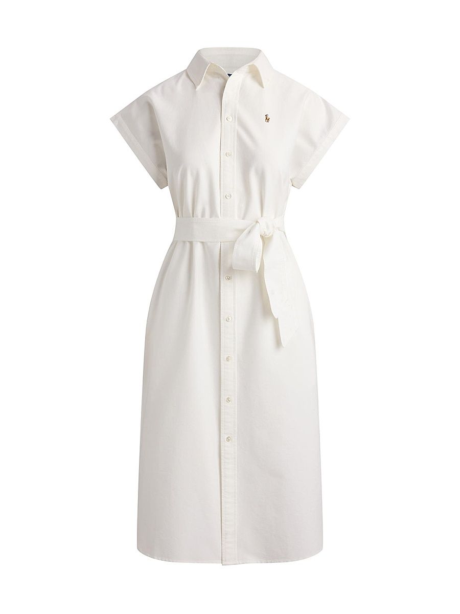 Women's Cotton Oxford Belted Midi-Shirtdress - White - Size 8