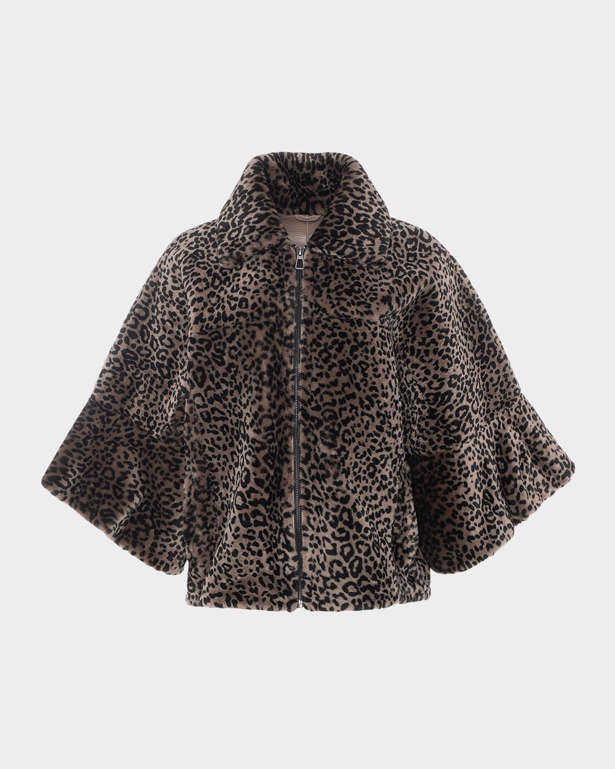 Leopard-Print Shearling Lamb Zip Jacket With Cropped Sleeves