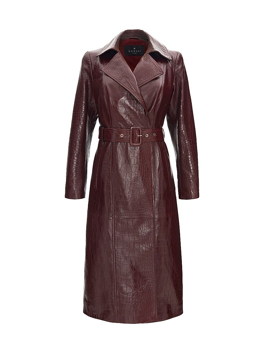 Women's Select Nappa Leather Croco Embossed Trench Coat, Belt - Burgundy - Size Small