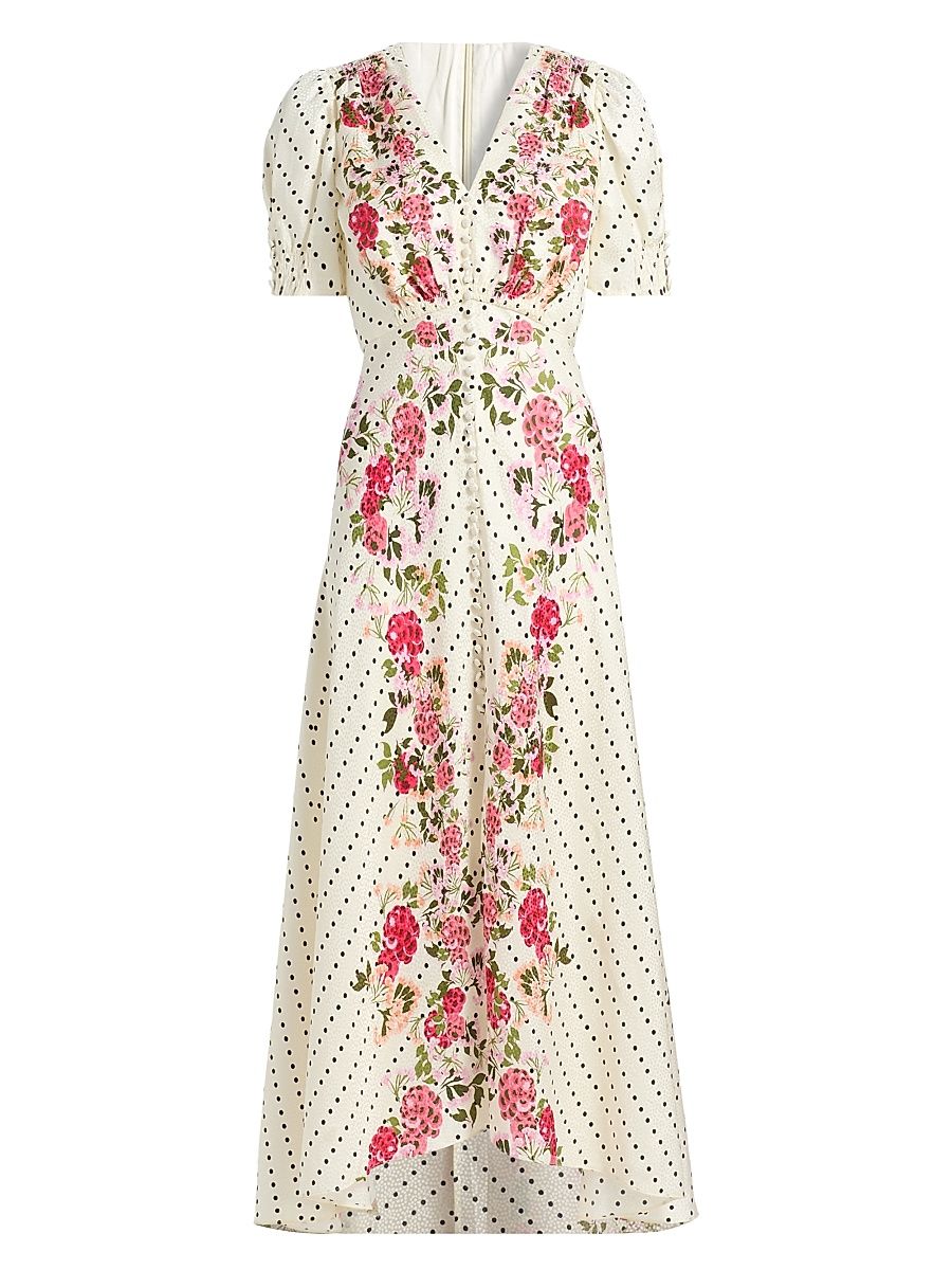 Women's Lea Floral Silk High-Low Maxi Dress - Rouge Polka Dot Plmt - Size 10