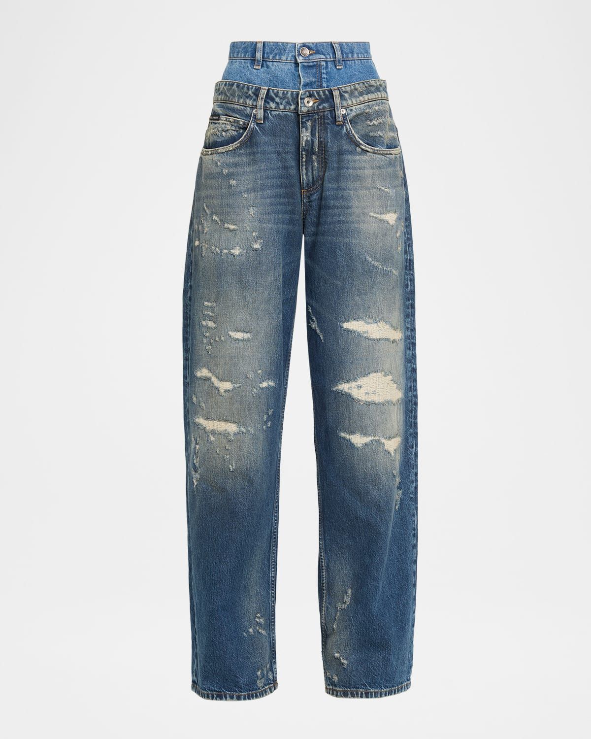 High-Rise Double Waistband Wide-Leg Distressed Jeans