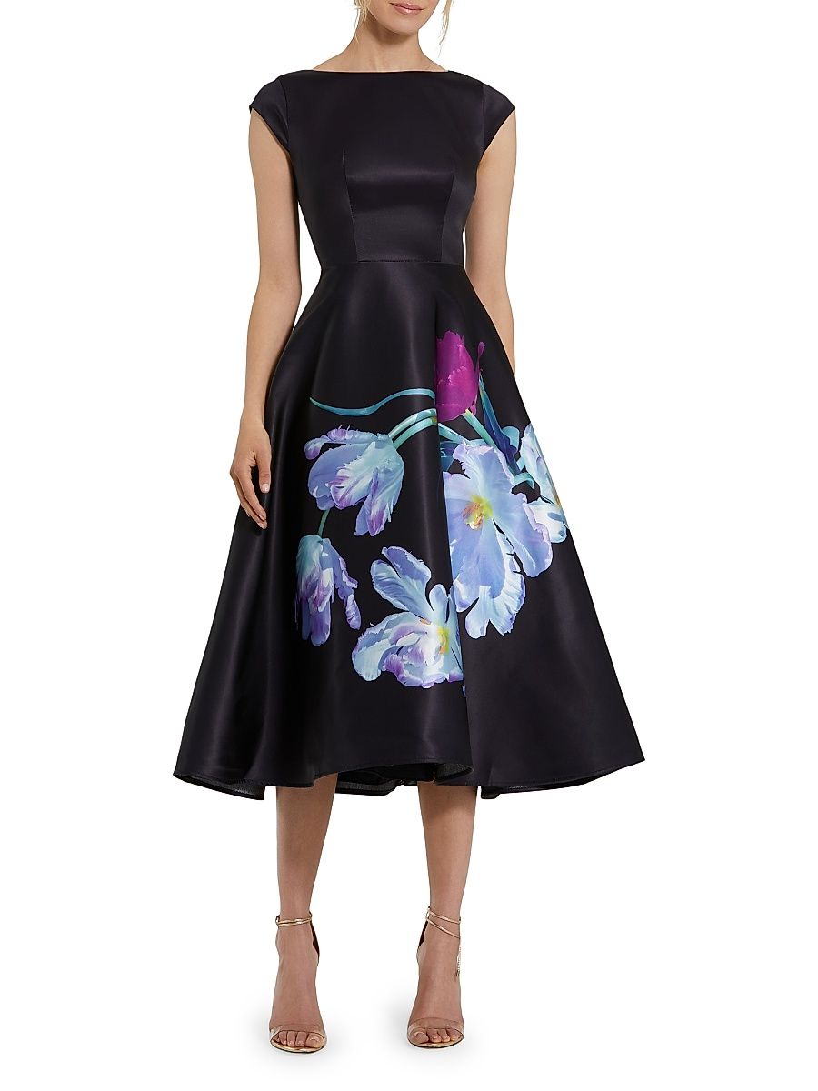 Women's Satin Painted Floral Cocktail Dress - Black Multi - Size 16