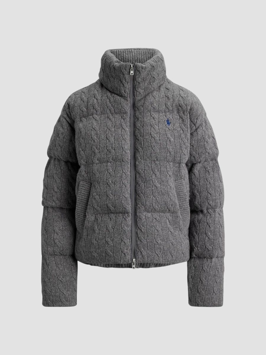 Polo Ralph Lauren Women's Cable-Knit Wool-Cashmere Puffer Jacket - Flannel Grey - Size XS