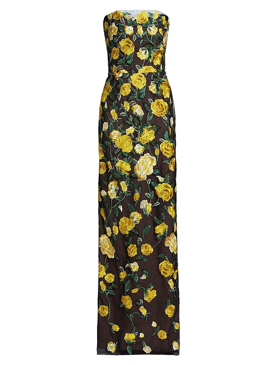 Women's Floral Embroidered Strapless Gown - Yellow Black - Size 14
