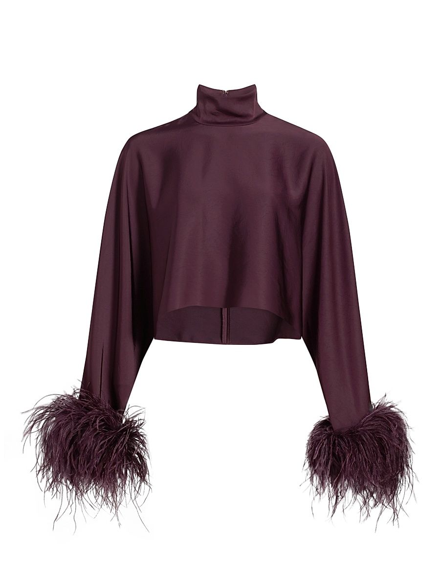 Women's Feather Trim Satin Long-Sleeve Crop Top - Mulberry - Size XL