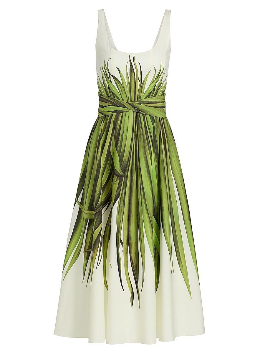 Women's Palm Leaves Cotton Poplin Midi-Dress - Green Ecru - Size 6