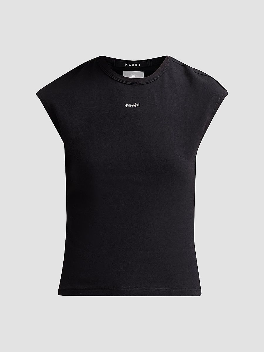 Women's Higher Than Heaven Rivet Staple Logo Cap-Sleeve T-Shirt - Black - Size XL
