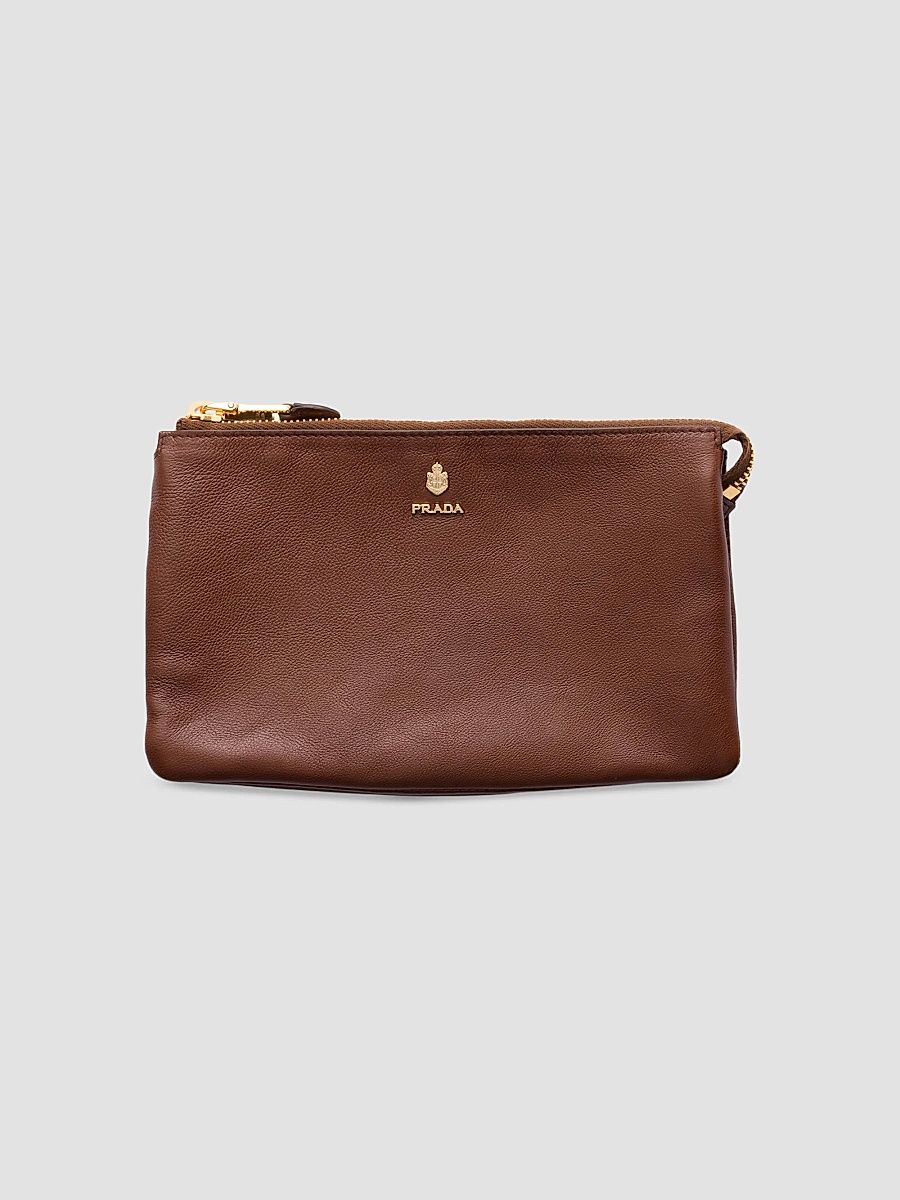 Prada Women's Leather Zipper Pouch - Brown