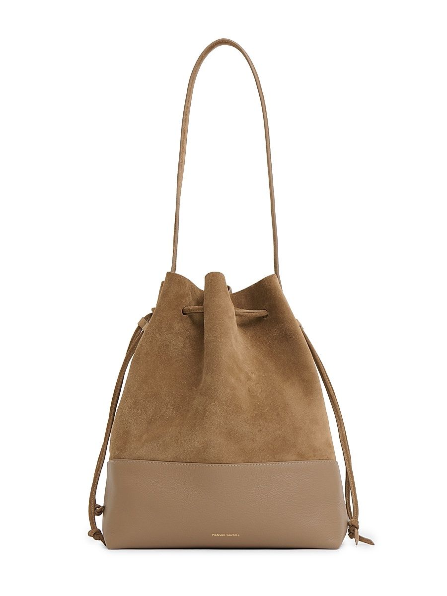 Women's Leather & Suede Drawstring Bucket Bag - Anise