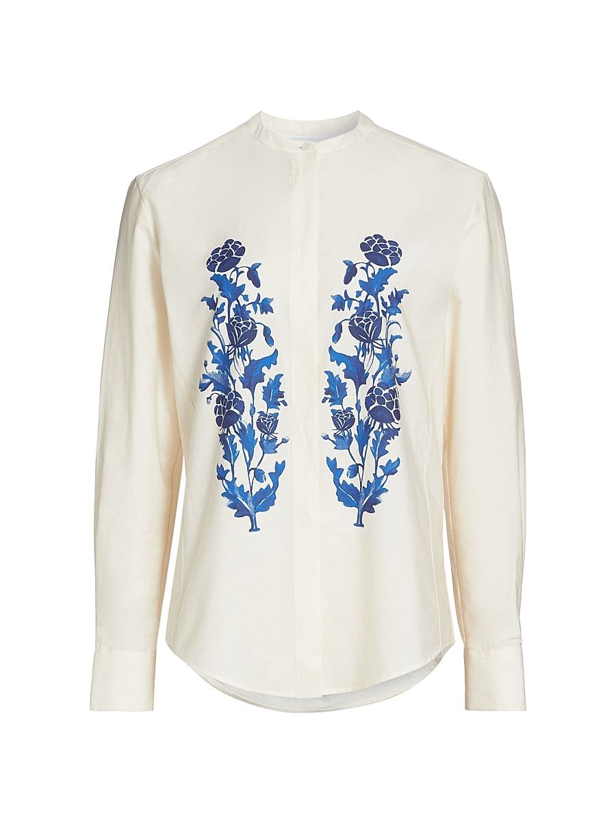 Women's Floral Cotton-Poplin Blouse - Ivory Blue - Size 2