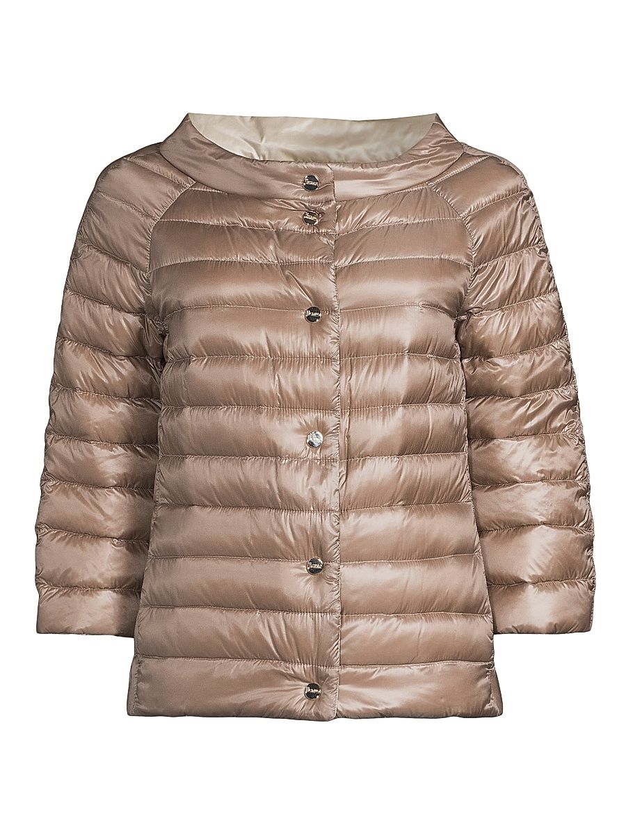 Women's Ultralight Reversible Quilted Nylon Puffer Jacket - Taupe Champagne - Size 8