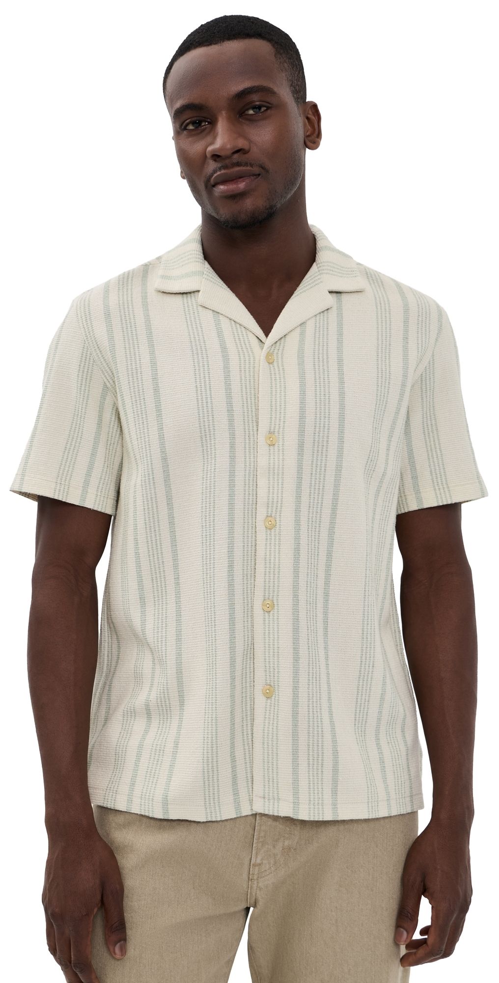 Faherty Oasis Knit Camp Shirt Sage Beach Stripe L