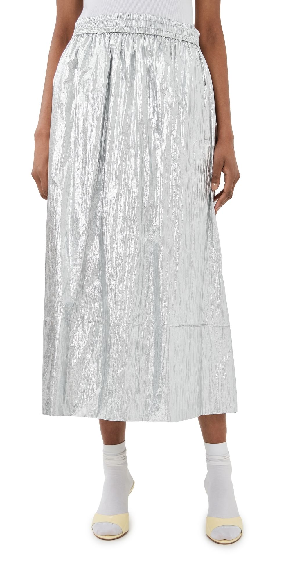 Tibi Silver Metallic Nylon Pull On Full Skirt Silver XS
