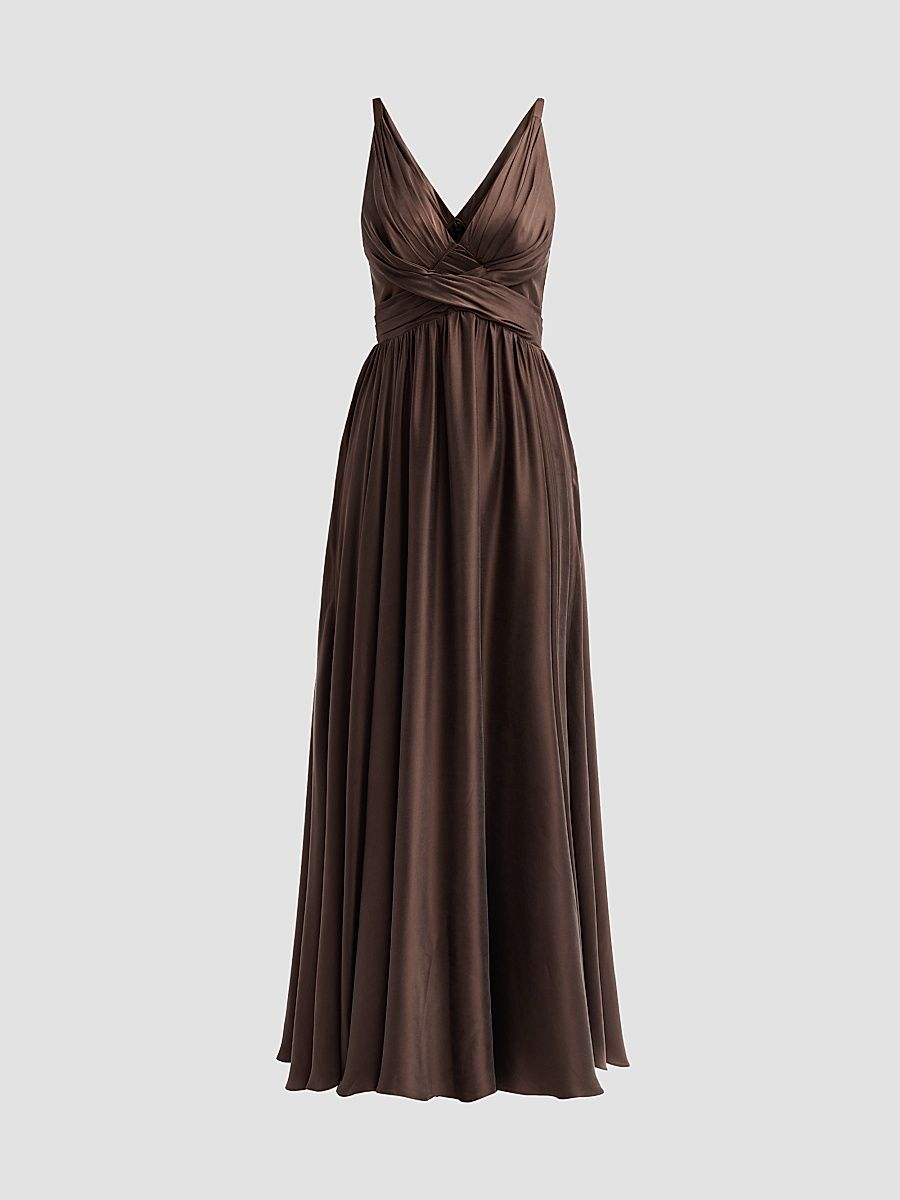 Women's Draped Silk Maxi Dress - Bitter Chocolate - Size 10