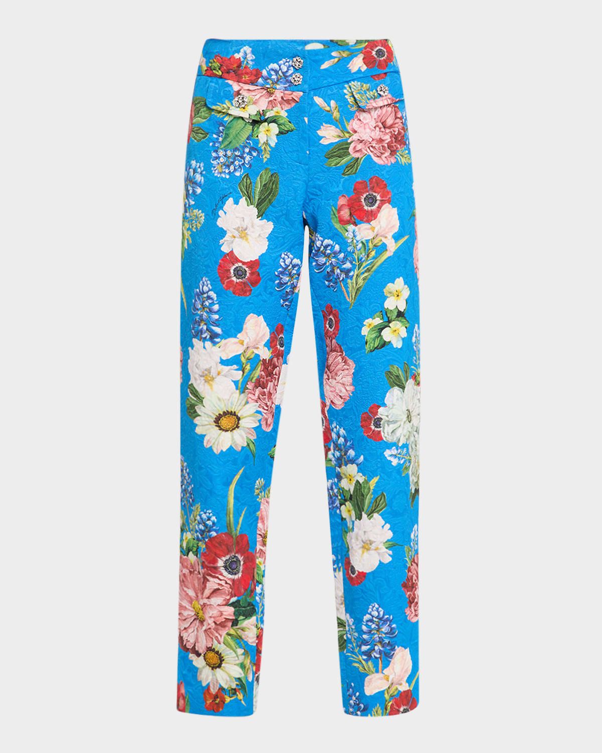 Floral-Printed Jacquard Straight-Leg Pants