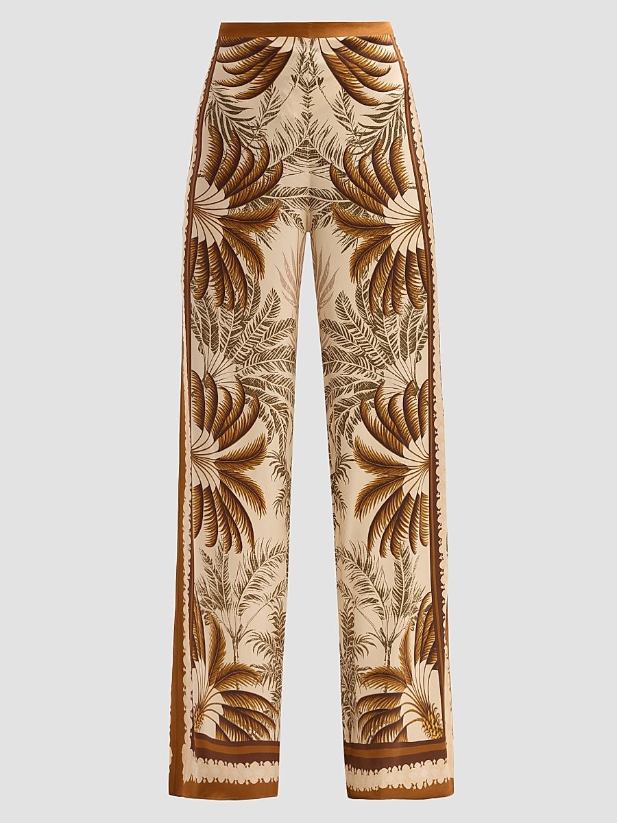 Women's Sunny Printed Satin Wide-Leg Pants - Ochre Palma - Size Medium