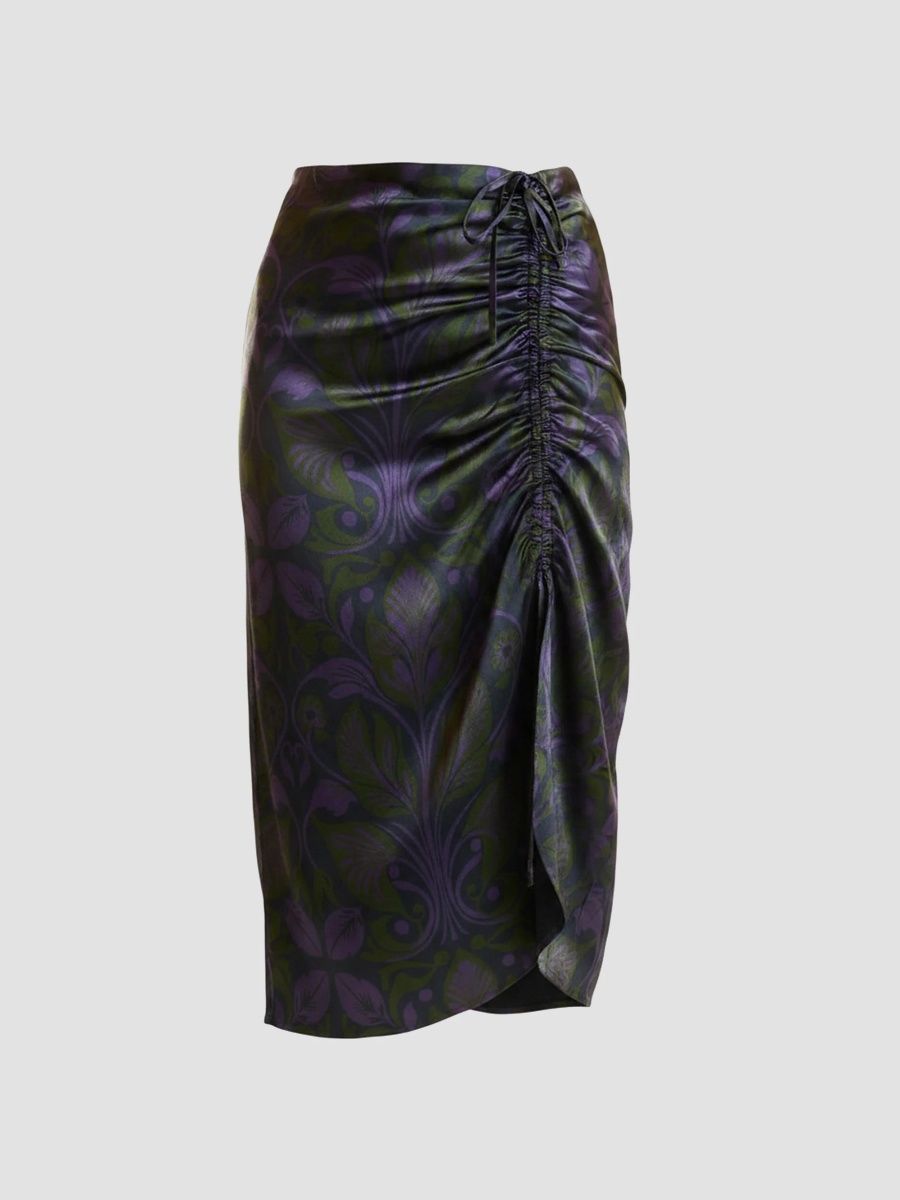 Cynthia Rowley Women's Siren Printed Silk Ruched Midi Skirt - Purple Multi - Size 4