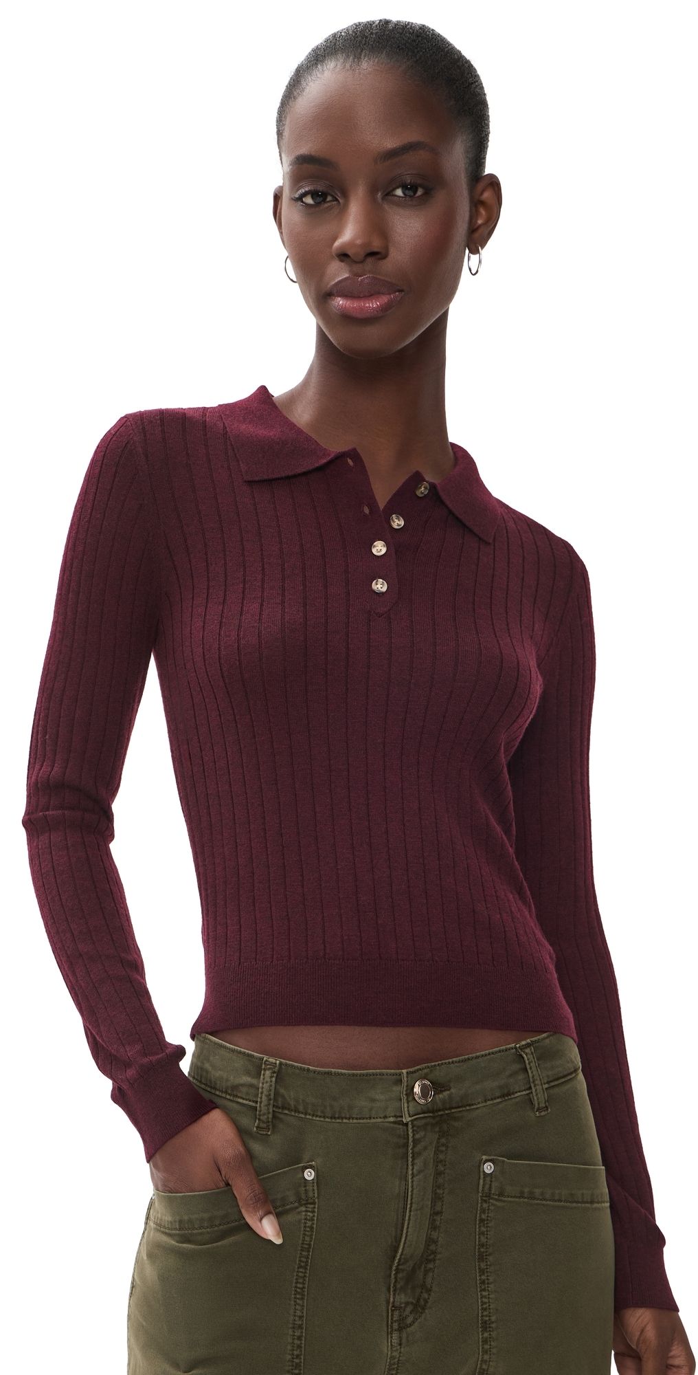WAYF Evie Ribbed Polo Sweater Merlot M