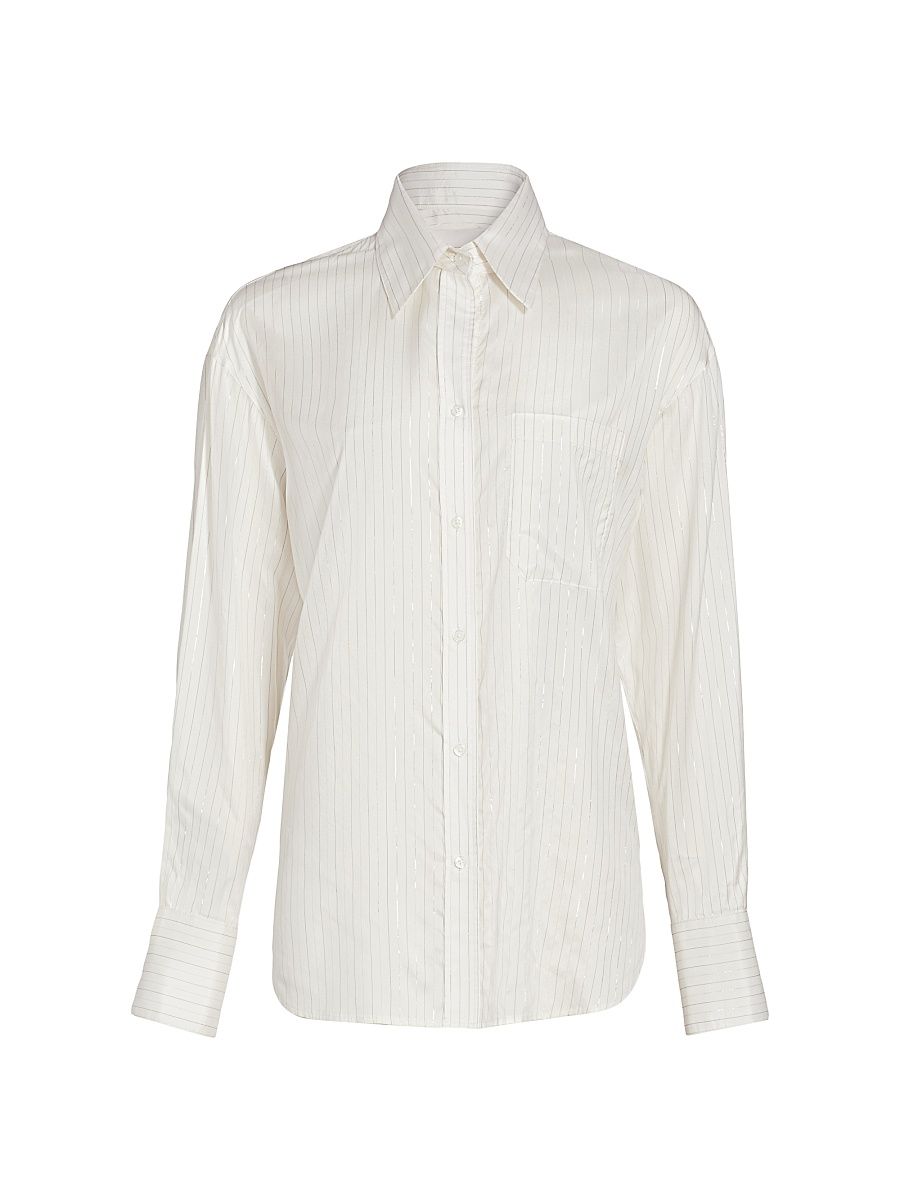 Women's Big Joe Metallic Stripe Silk Long-Sleeve Shirt - Ivory Multi - Size Medium