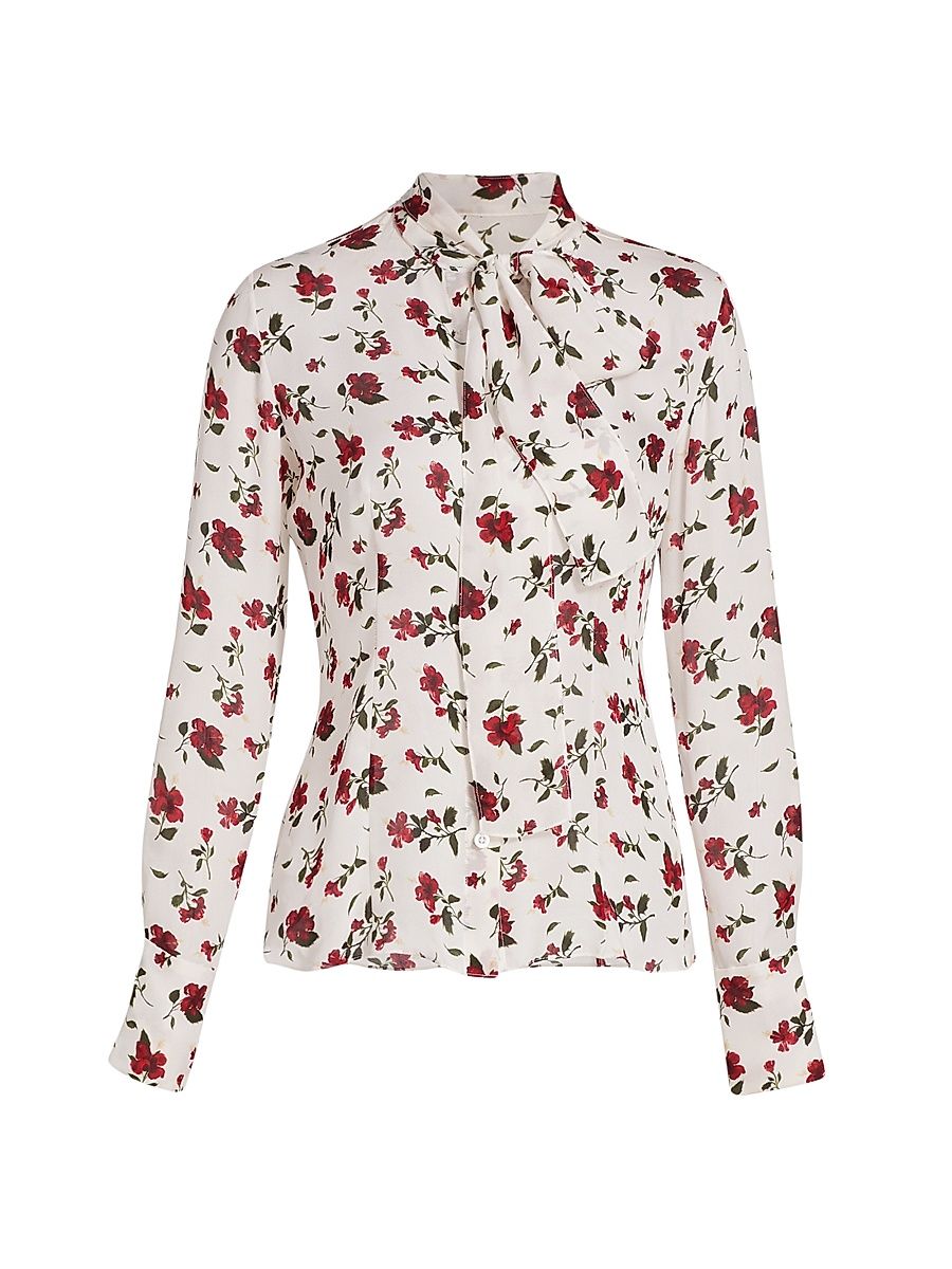 Women's Hibiscus-Print Silk Button-Front Blouse - Red White - Size 6