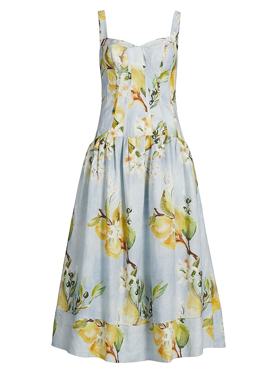 Women's Makenna Floral Linen Drop-Waist Midi-Dress - Anisa Sky Lemon - Size 8