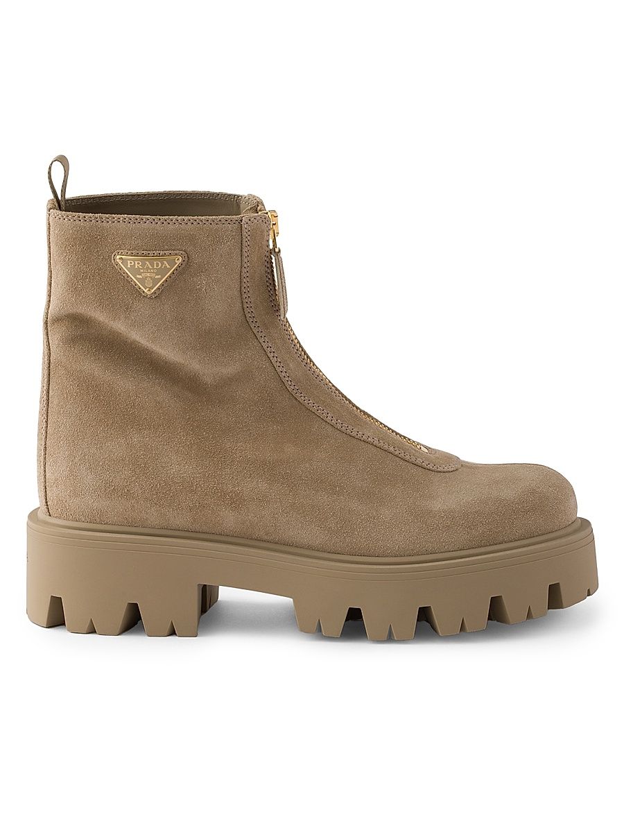 Women's Suede Booties with Zip - Beige Khaki - Size 11