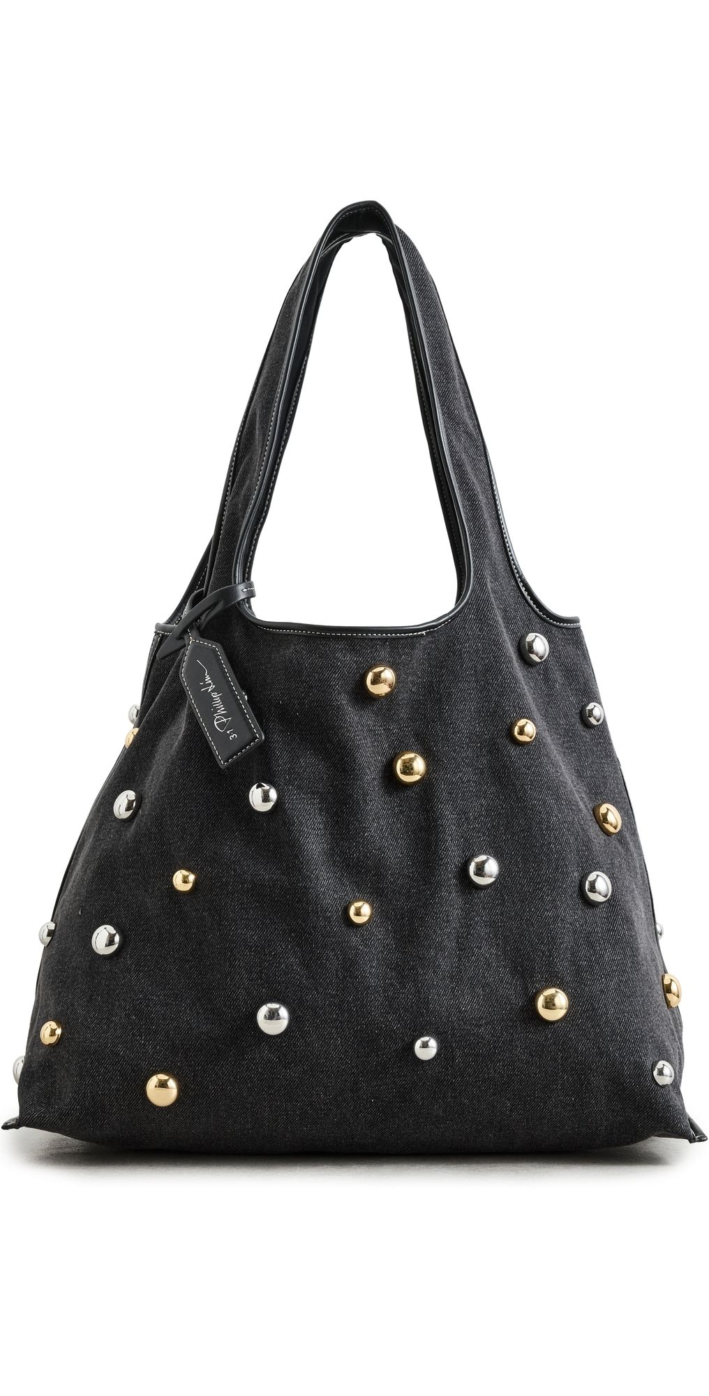 3.1 Phillip Lim Washed Denim Market Tote with Dome Embellishments Black One Size