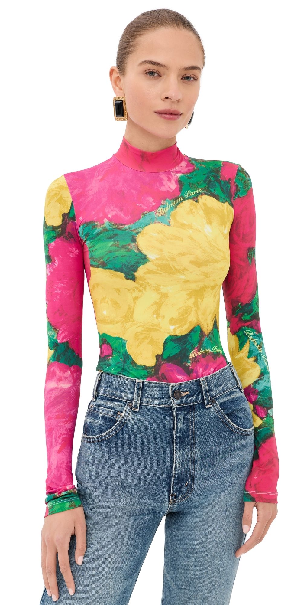 Balmain Second Skin Roses Print Jersey Top Green/Pink/Yellow L