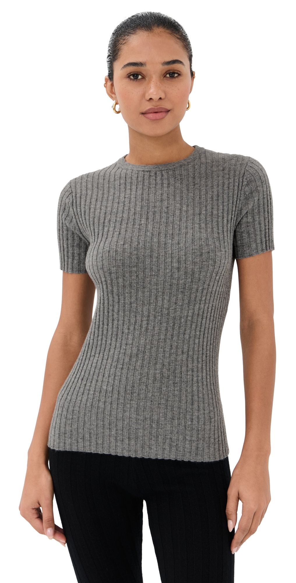 The Elder Statesman Cashmere Rib Knit Tee Heather Grey S